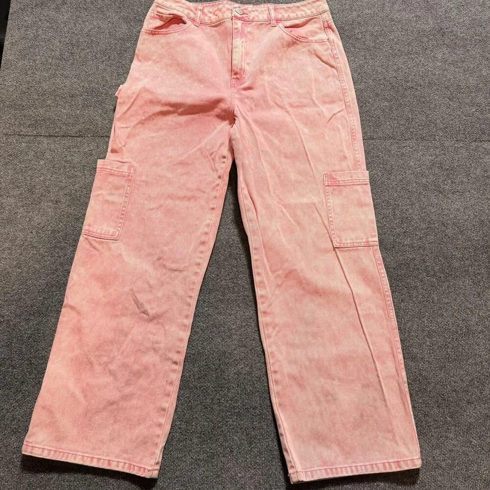 Full Tilt Jeans Women's 32 Pink Light Wash High Rise Straight Cargo Relaxed Fit